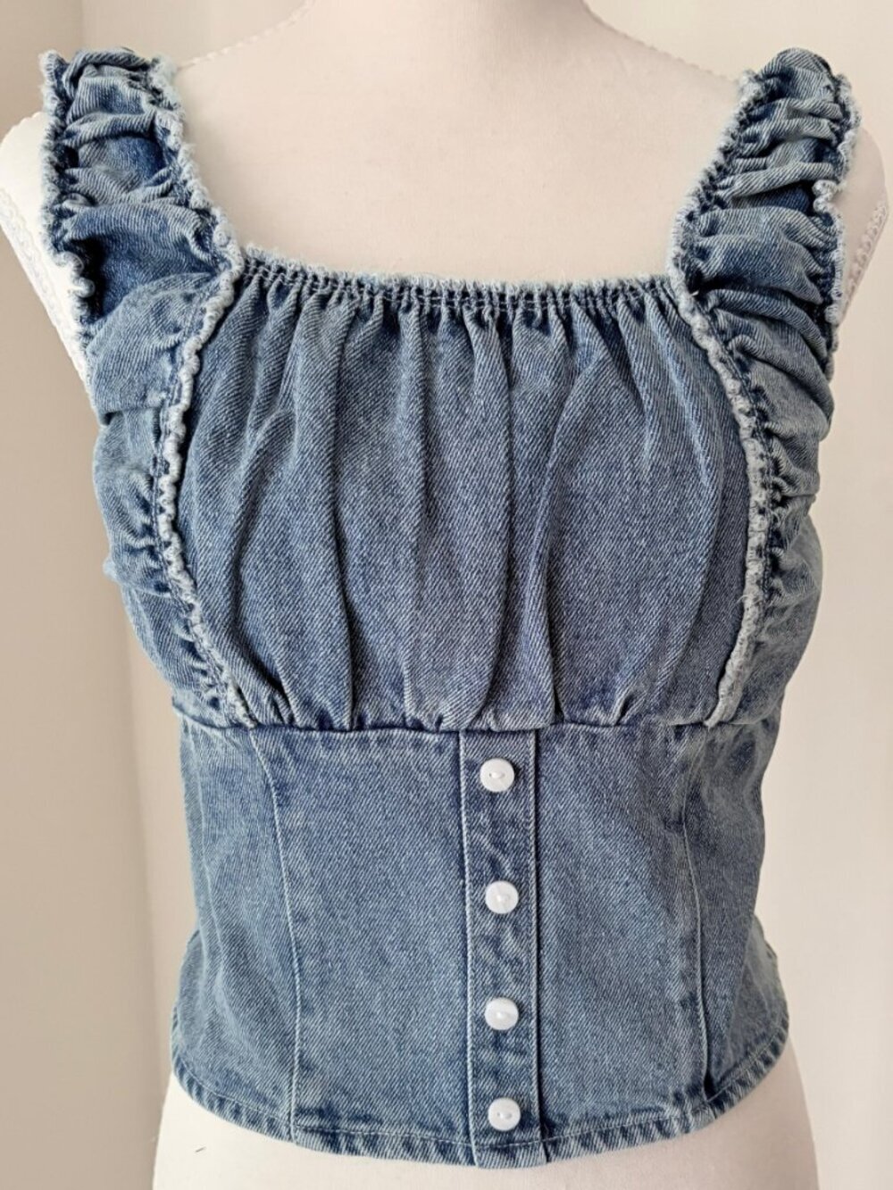 NWT Le Lis Collection Ruffled Denim Corset Top Light Wash Button Up